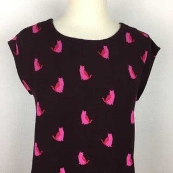 Loft Maroon Pink Cat Print Short Sleeve Scoop Neck  Sheath Dress XSP - Picture 2 of 7